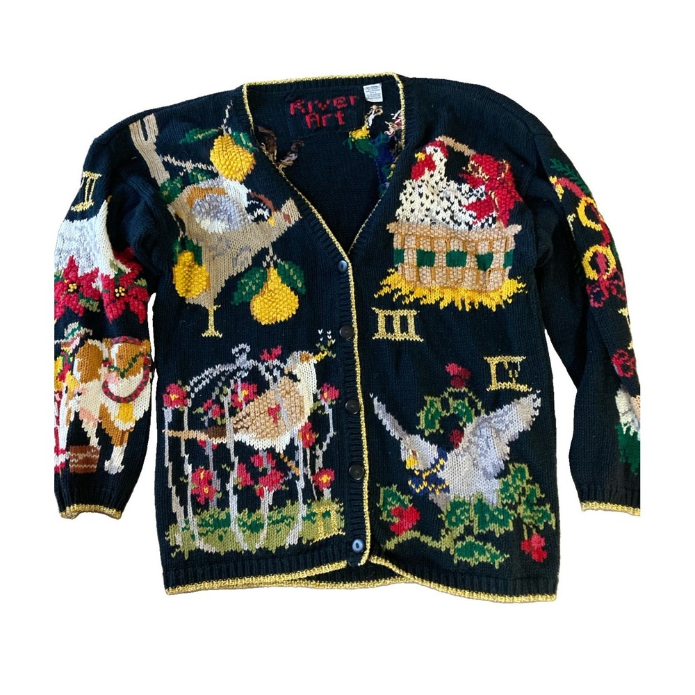 River Art Cardigan Vtg 90s Sz L Black Embroidered 12 Days Christmas Sweater